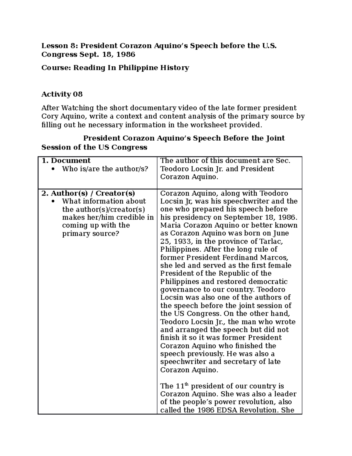 RIPH 08 - Good - Lesson 8: President Corazon Aquino’s Speech Before The ...