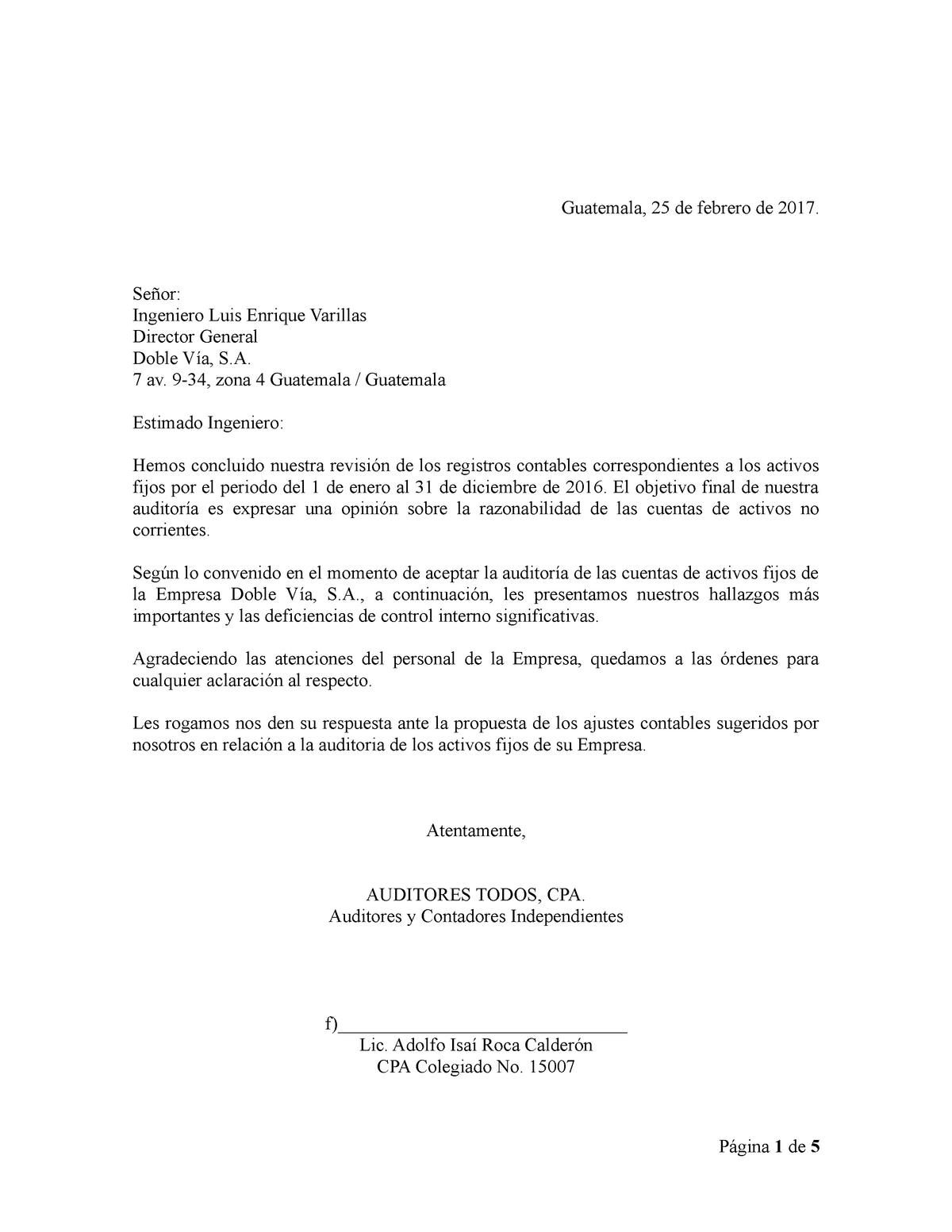 Carta a la Gerencia  Doble Vía, S.A.  Guatemala, 25 de febrero de