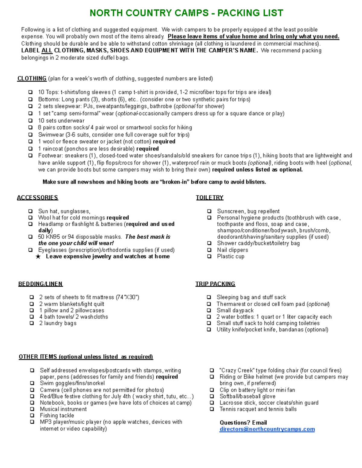 Page 37 ncc-packing-list - NORTH COUNTRY CAMPS - PACKING LIST Following ...