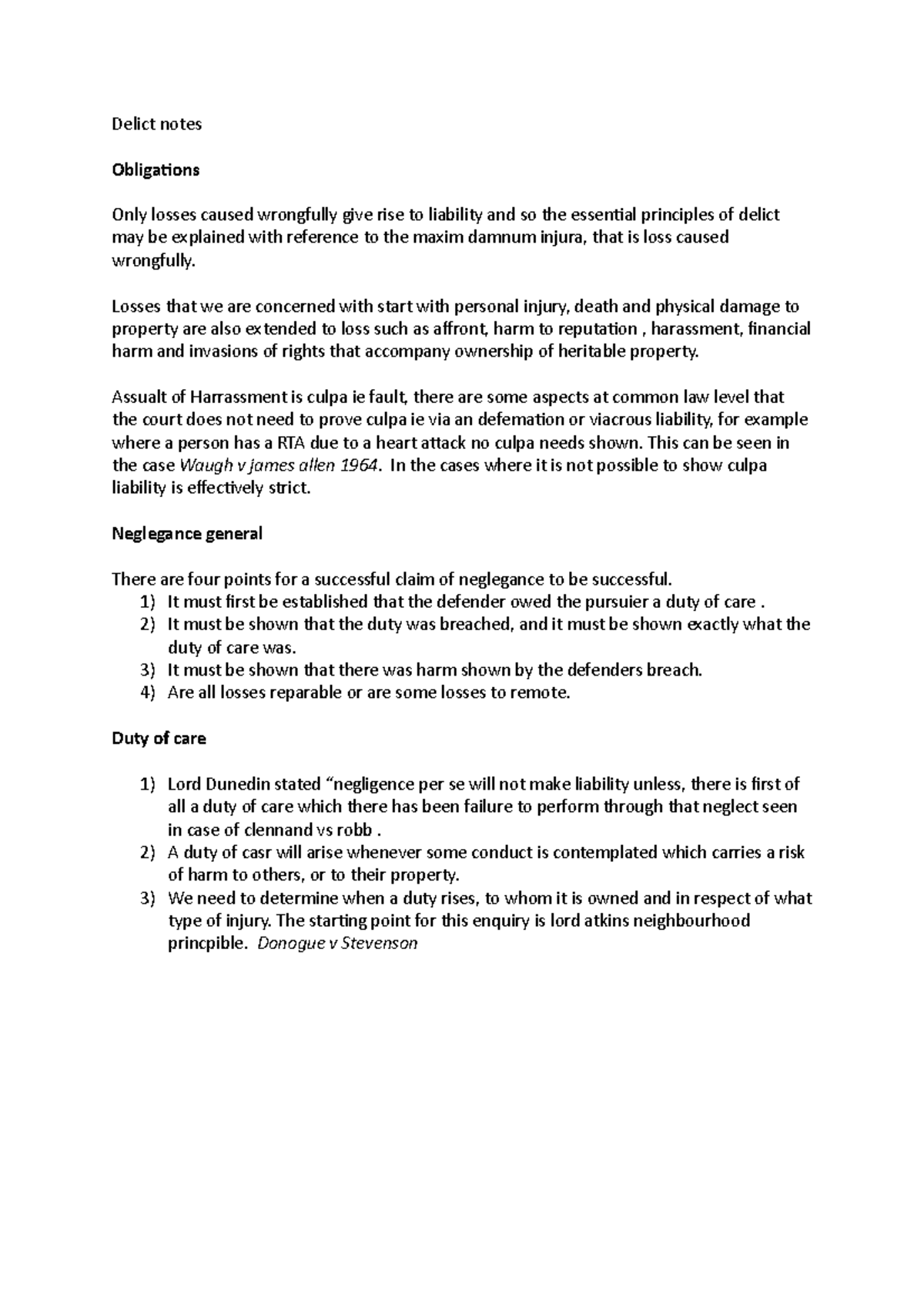 Delict exam notes - Delict notes Obligations Only losses caused ...