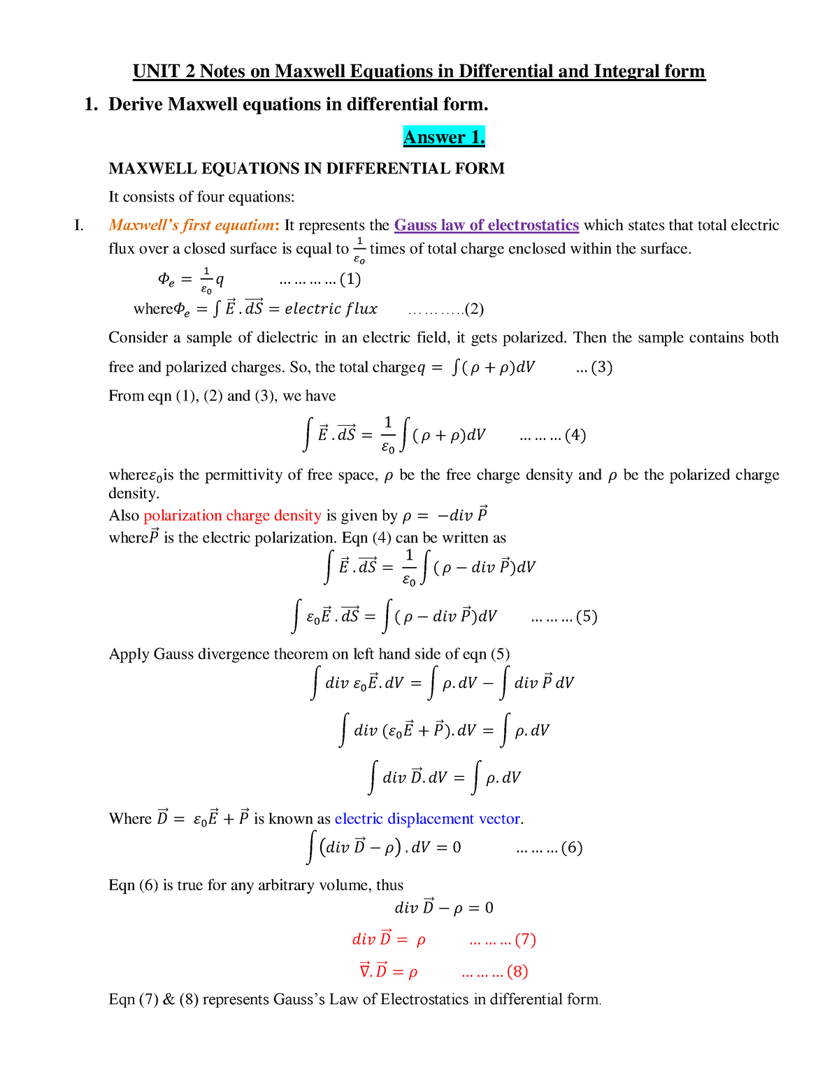 UNIT 2 Notes on Maxwell Equations in Differential and Integral form ...