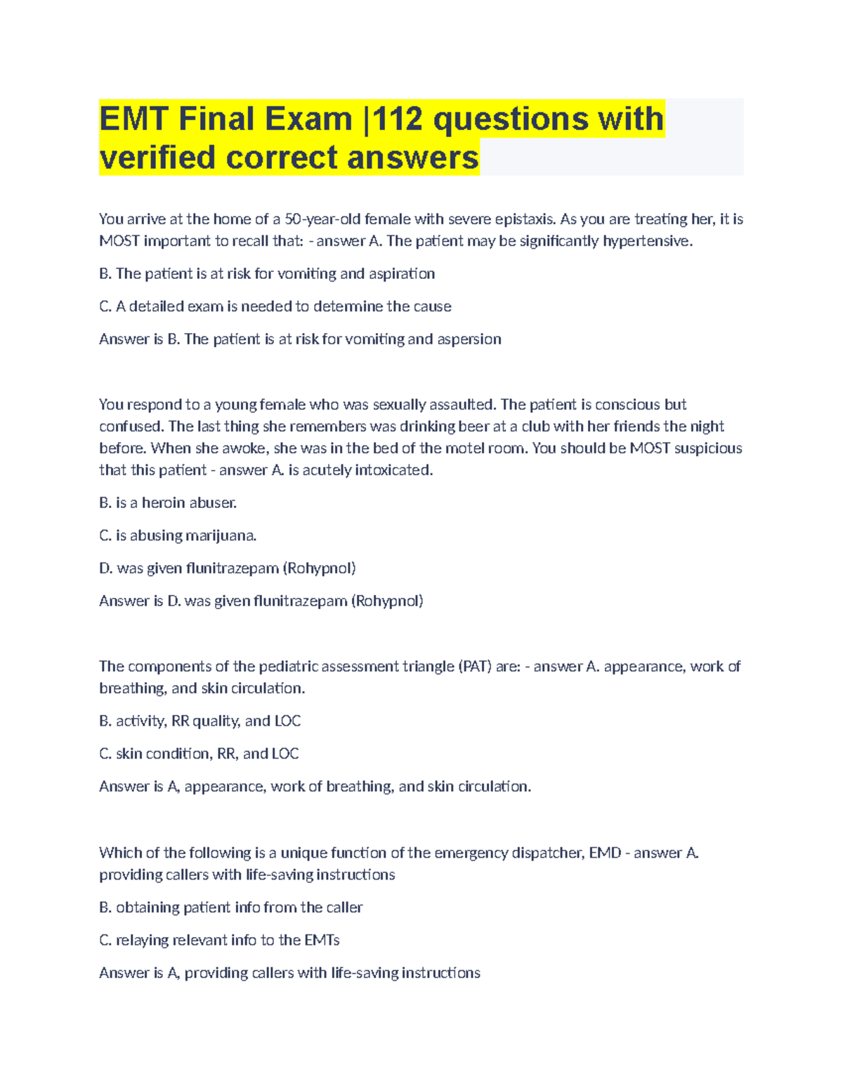 EMT Final Exam 112 Questions With Verified Correct Answers - As You Are ...