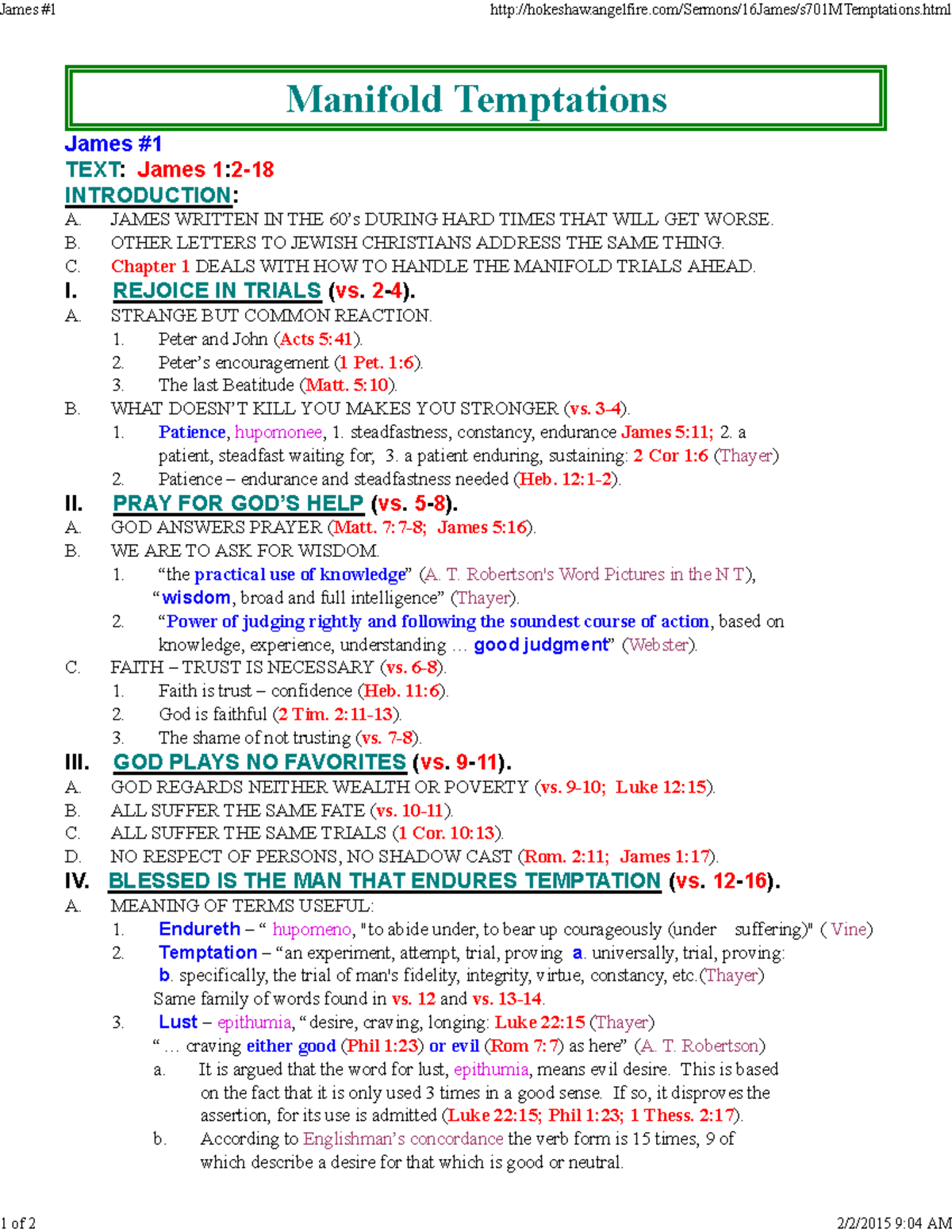 Manifold temptations Good in soul Manifold Temptations James TEXT