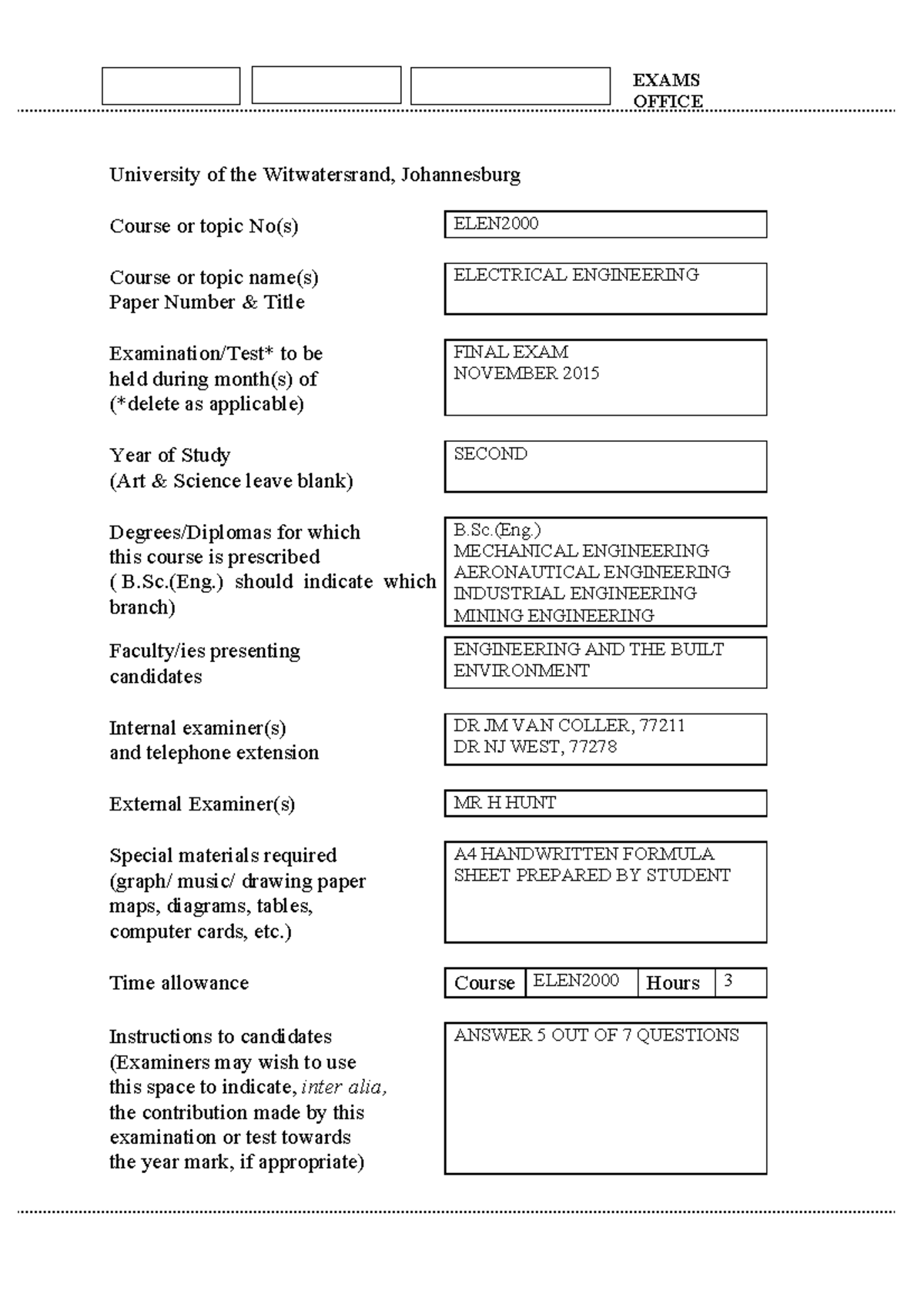Elen 2000 Electrical Engineering November Exam 2015 QP University of