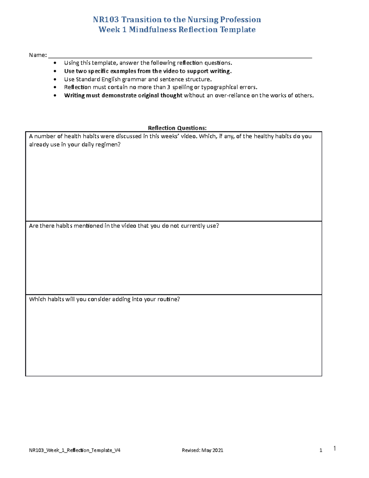 NR103 Week1 Reflection Template May2021 - NR-103 - Chamberlain ...