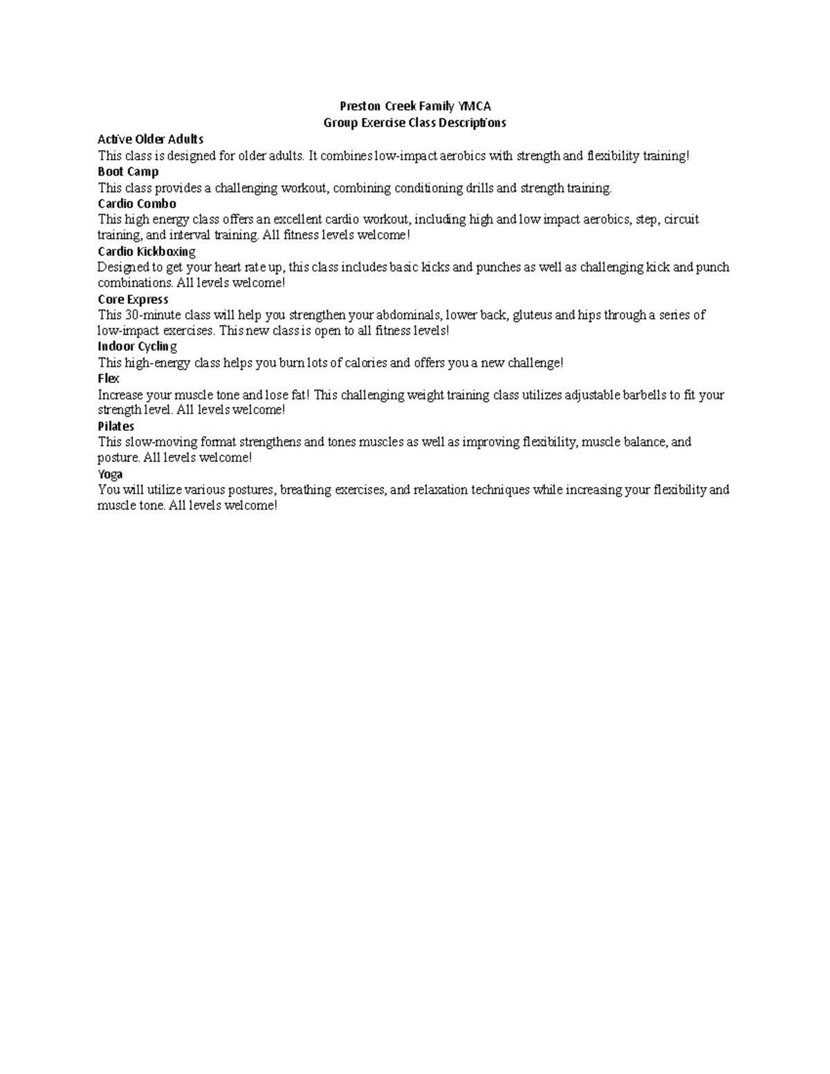 Class Descriptions Word 2016 MOAS Preston Creek Family YMCA Group Exercise Class