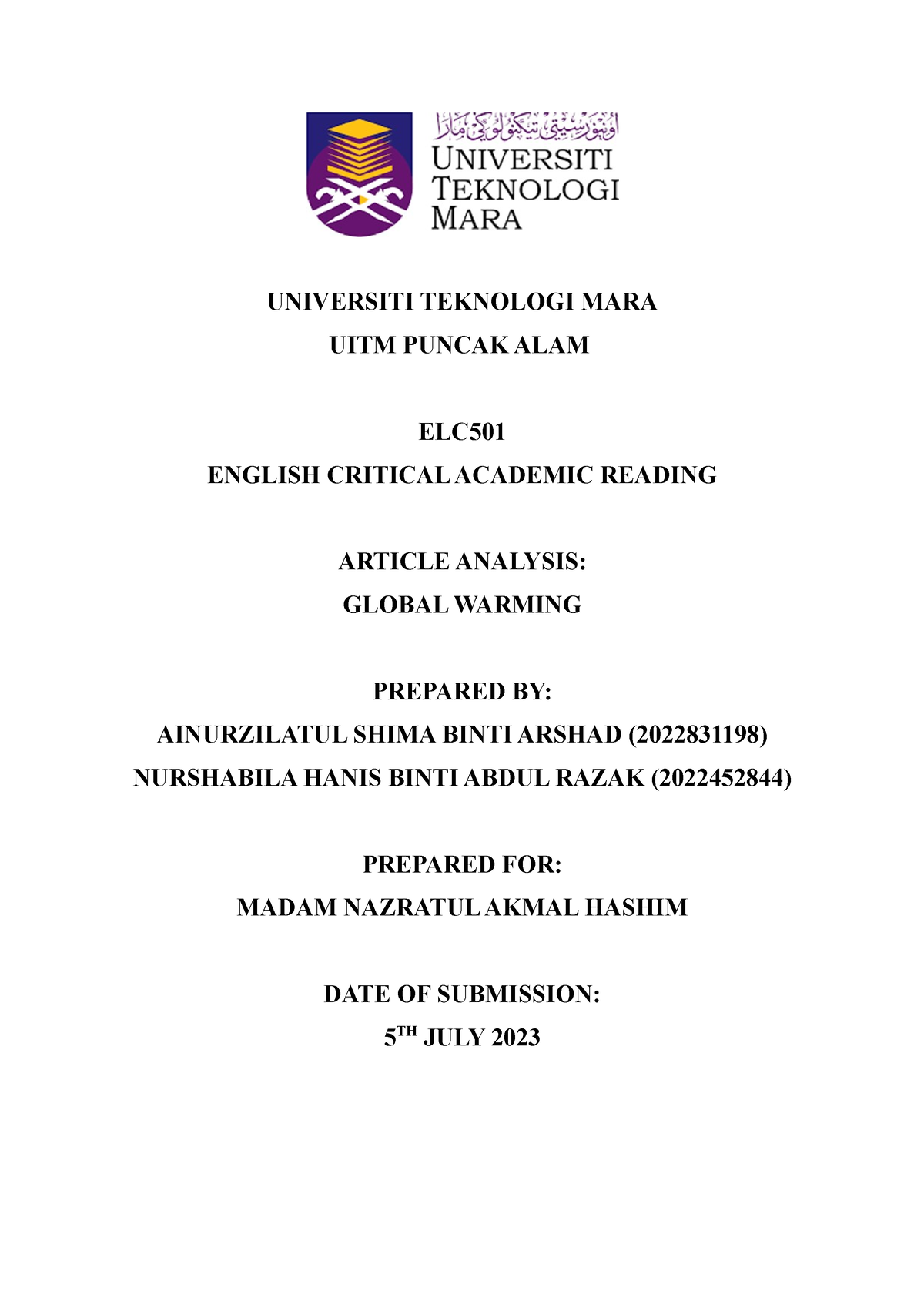 Article review elc - UNIVERSITI TEKNOLOGI MARA UITM PUNCAK ALAM ELC ...