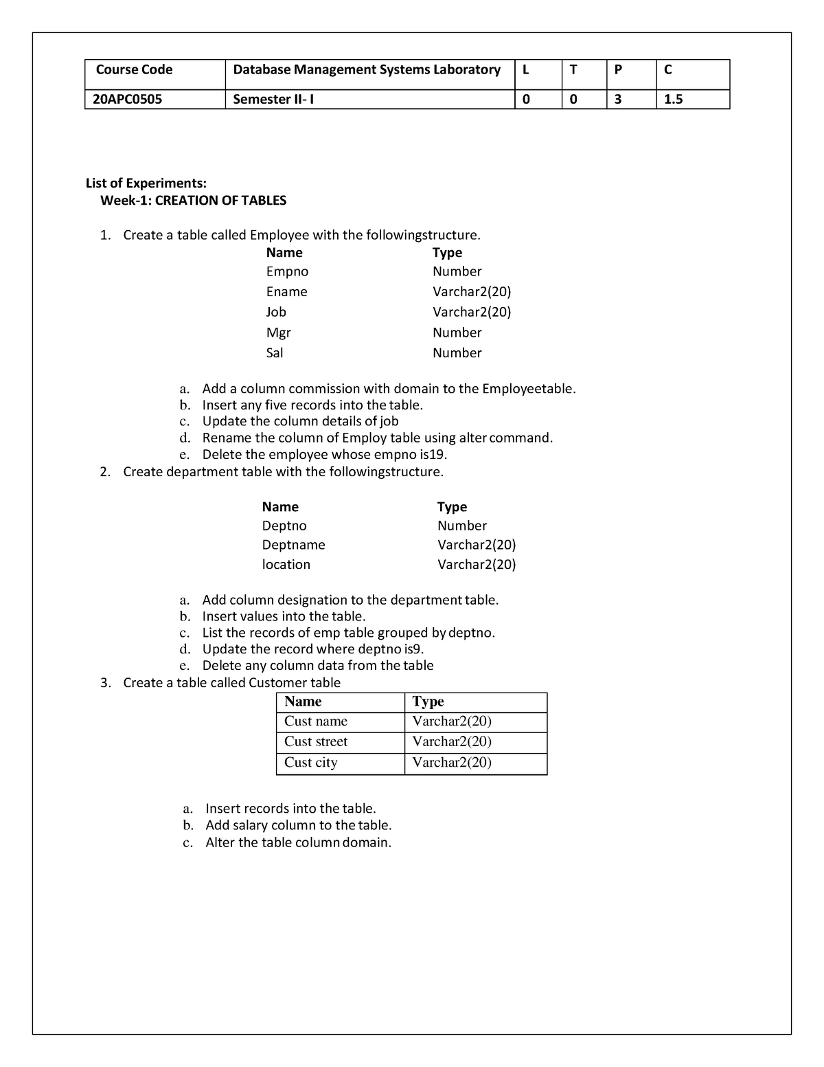 DBMS Lab manual Week1Week12 Course Code Database Management Systems