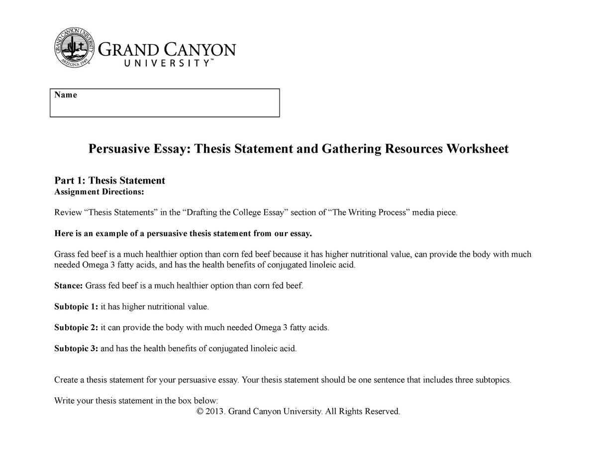 Writing A Thesis Statement Worksheet
