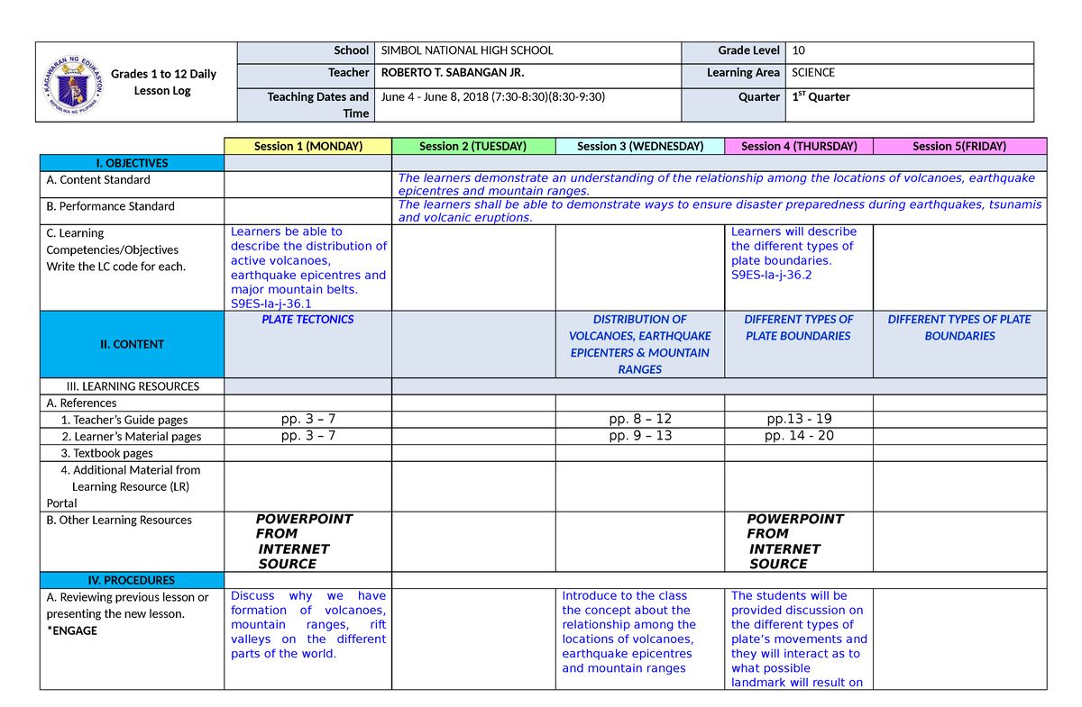 Science DLL Q1 - DLL FOR G10 FIRST QUARTER - Grades 1 to 12 Daily ...