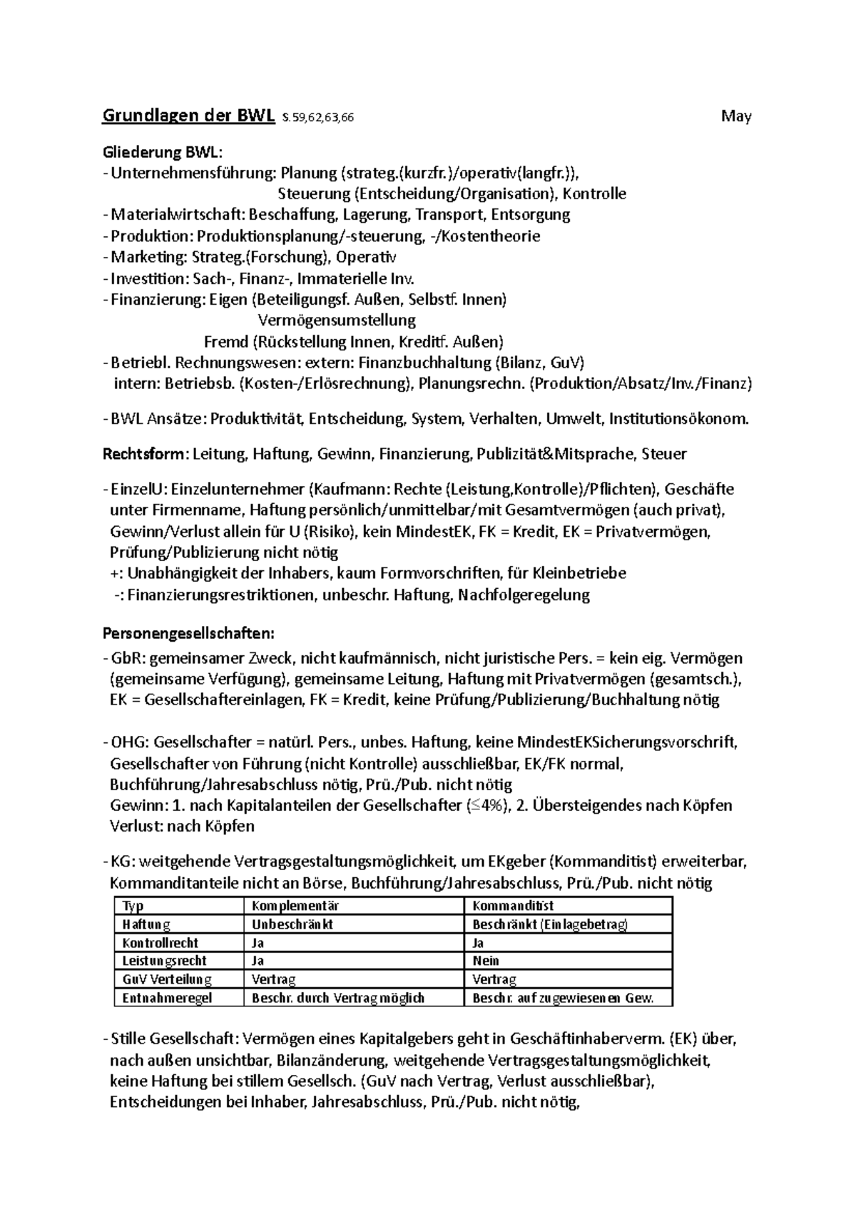 Klausurstoff May - Zusammenfassung Grundlagen BWL - Grundlagen Der BWL ...