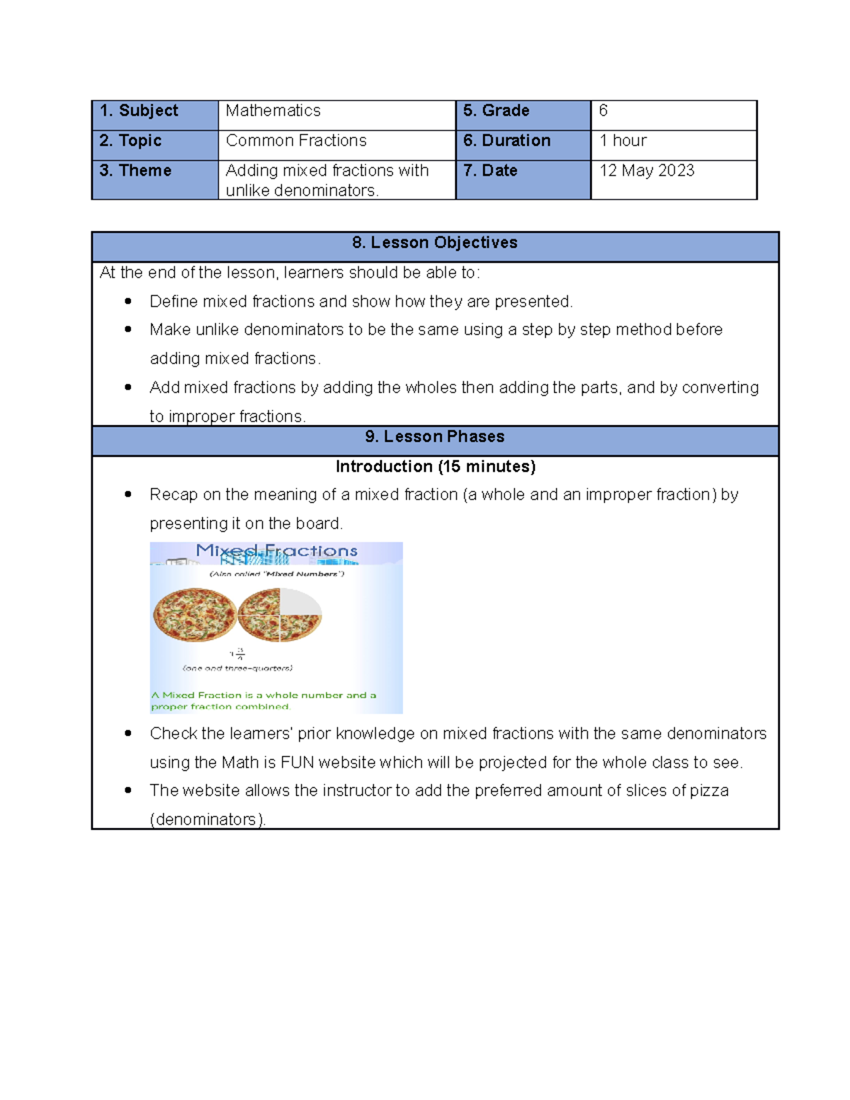 Lesson PLAN-3 - Subject Mathematics 5. Grade 6 Topic Common Fractions 6 ...