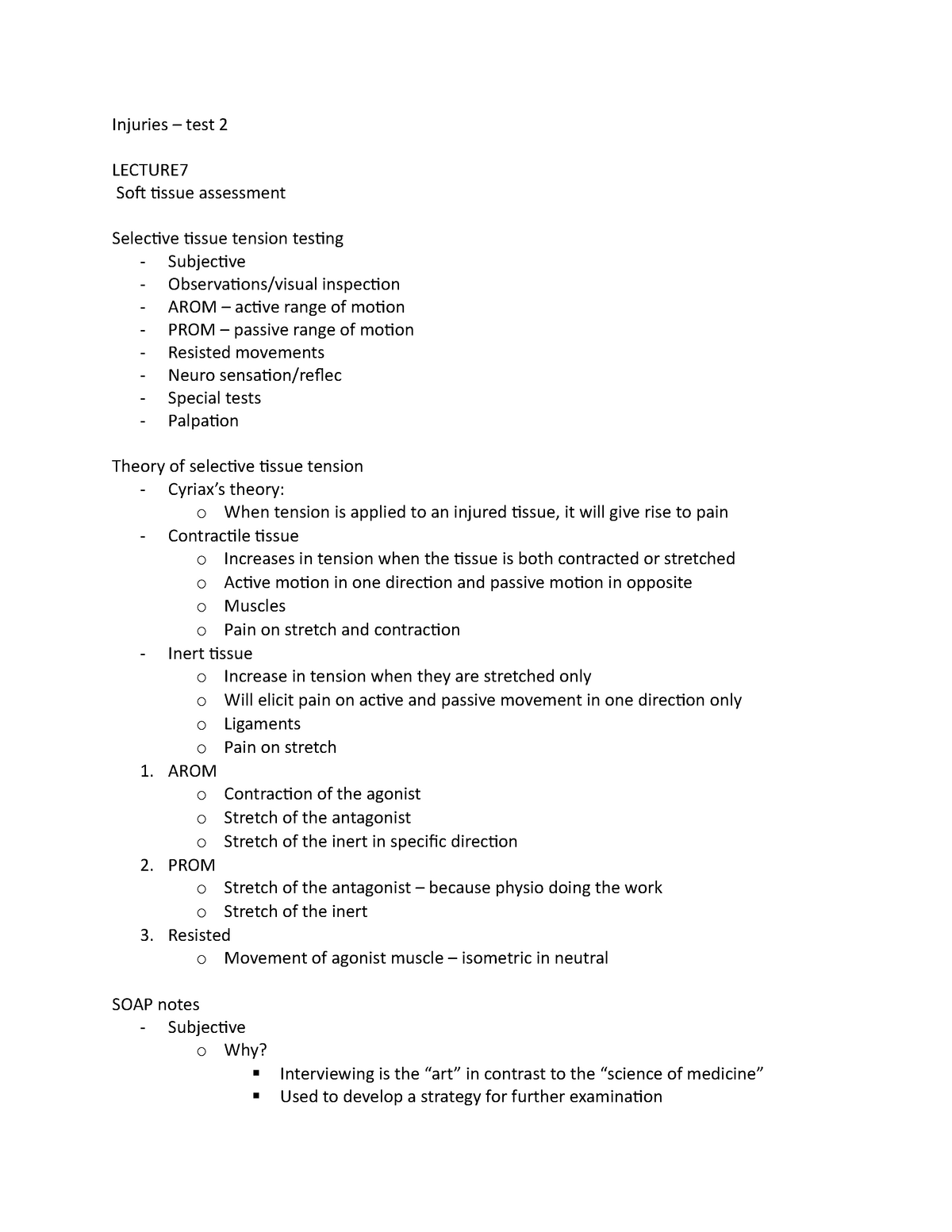 Injuries – test 2 - Injuries – test 2 LECTURE Soft tissue assessment ...