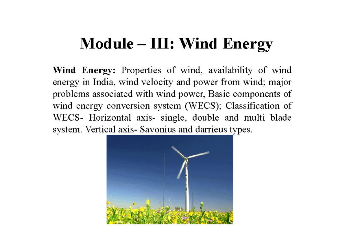RES Module 3.1 Notes - Wind Energy: Properties of wind, availability of ...