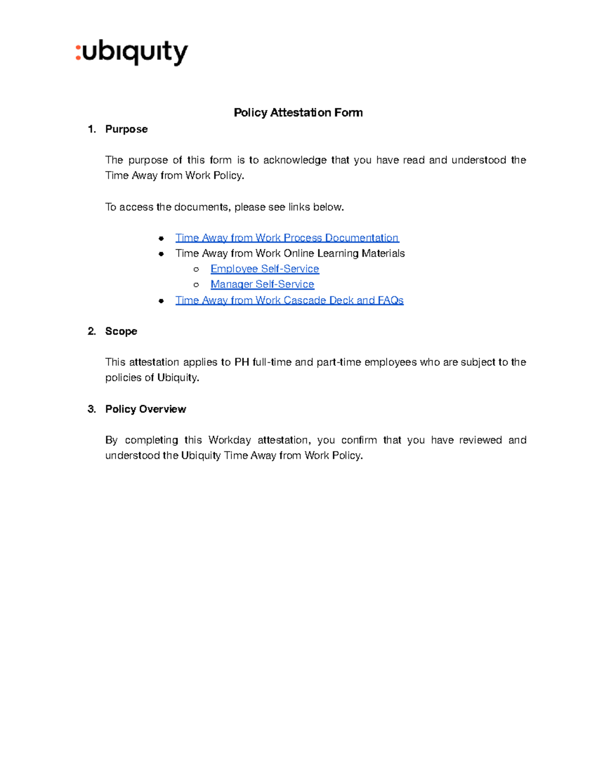Time Away from Work Attestation - Policy Attestation Form Purpose The ...