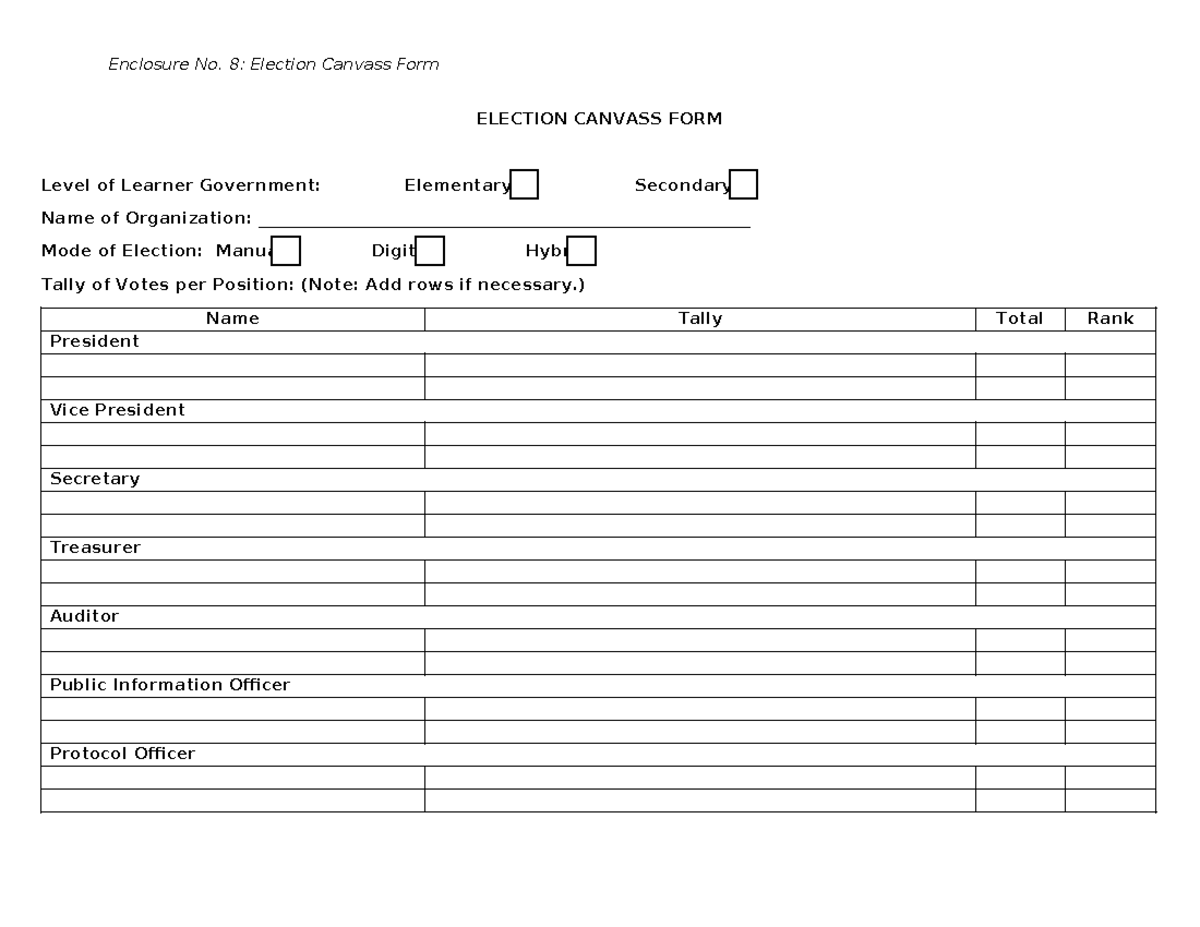 Enc - Enclosure No. 8: Election Canvass Form ELECTION CANVASS FORM ...