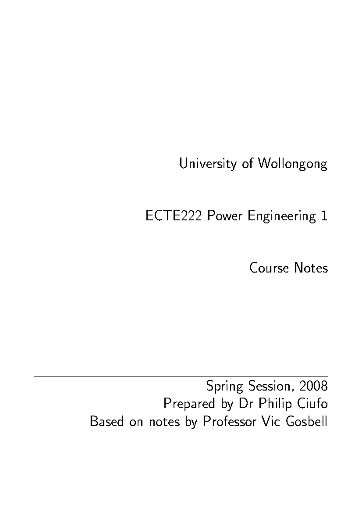 00 Introduction - University of Wollongong ECTE222 Power Engineering 1 ...