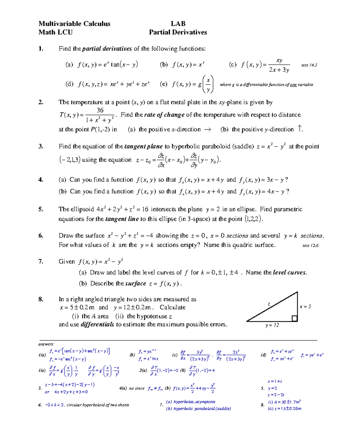 LCU Lab 7 Partial Derivatives - Multivariable Calculus LAB Math LCU ...