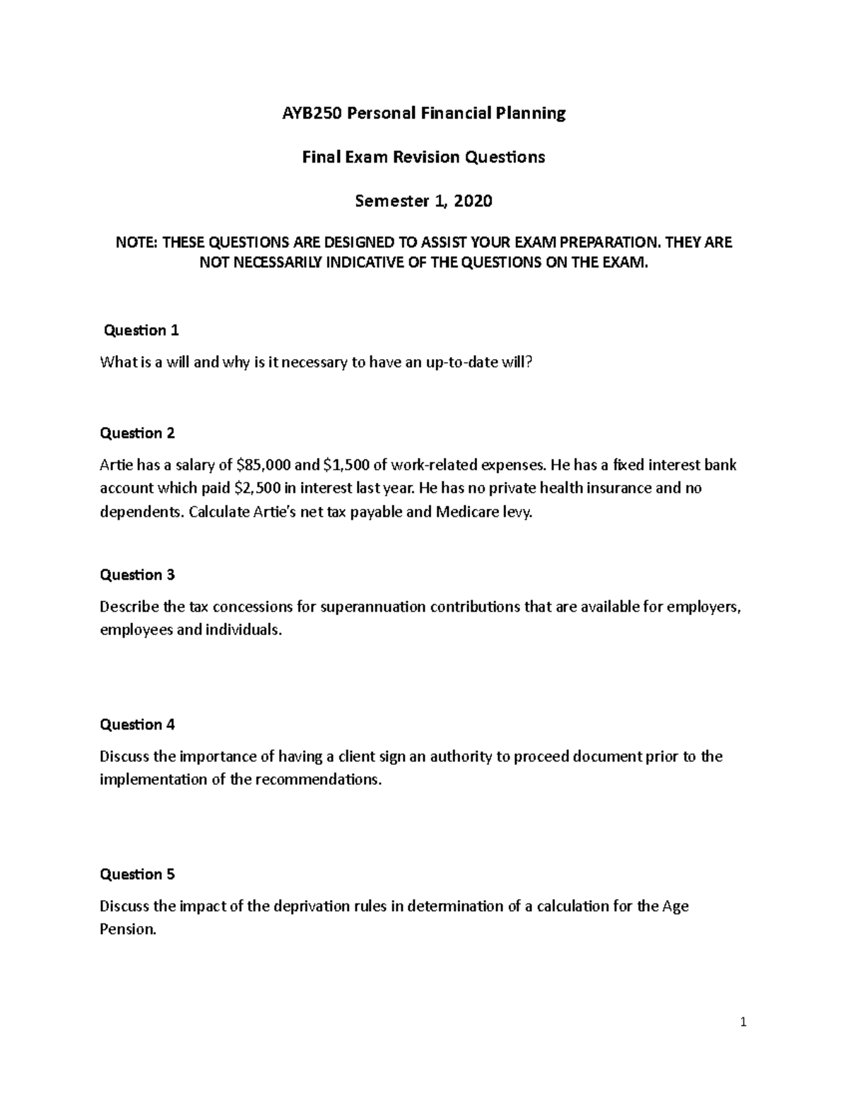 AYB250 Exam Revision Questions AYB250 Personal Financial Planning