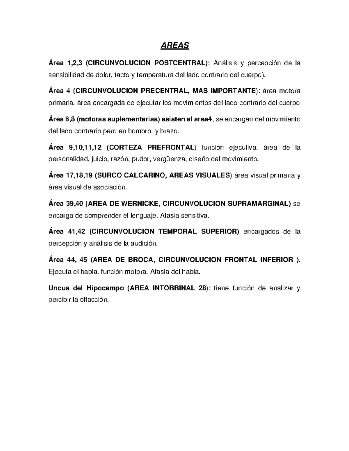 Resumen De Neuroanatomia Para Examen Final - AREAS Área 1,2,3 ...