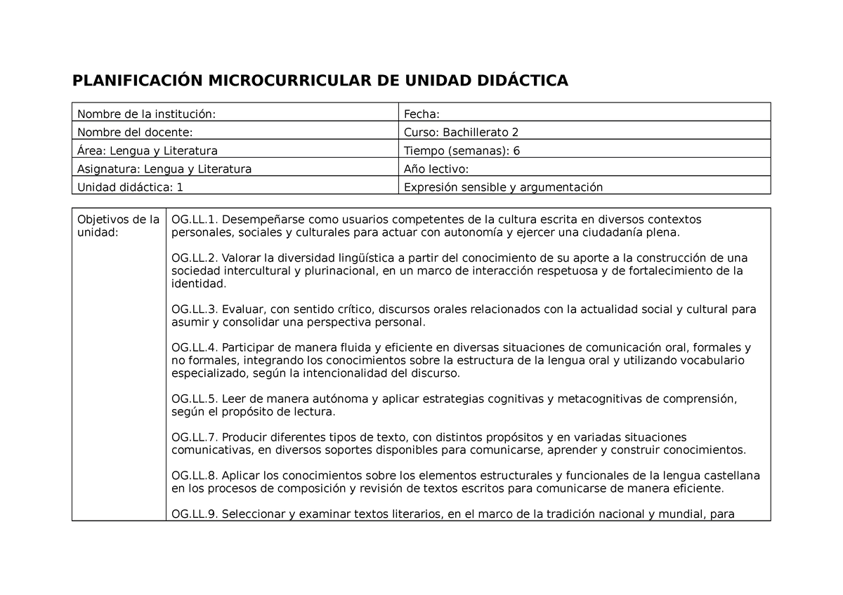 Ll B2 Planf U1 - Plani - PLANIFICACIÓN MICROCURRICULAR DE UNIDAD ...