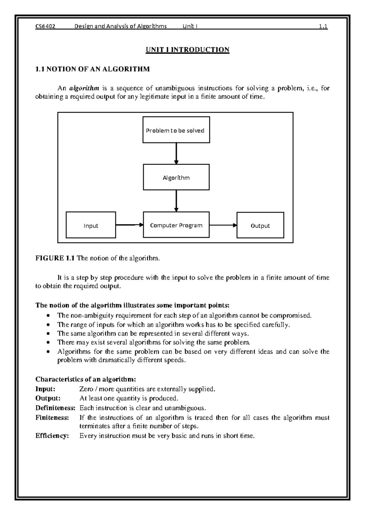 Unit1-notes - Lecture notes - An algorithm is a sequence of unambiguous ...