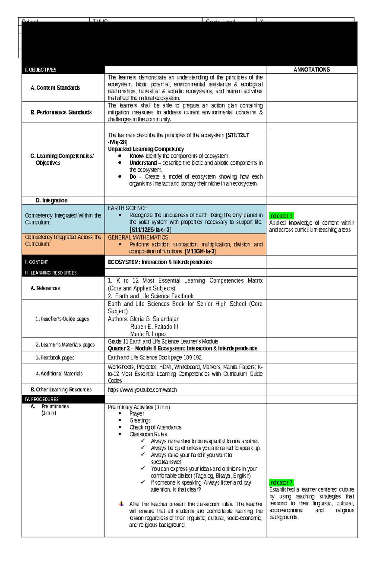 COT 2 Earth AND LIFE STUD - I. OBJECTIVES ANNOTATIONS A. Content ...