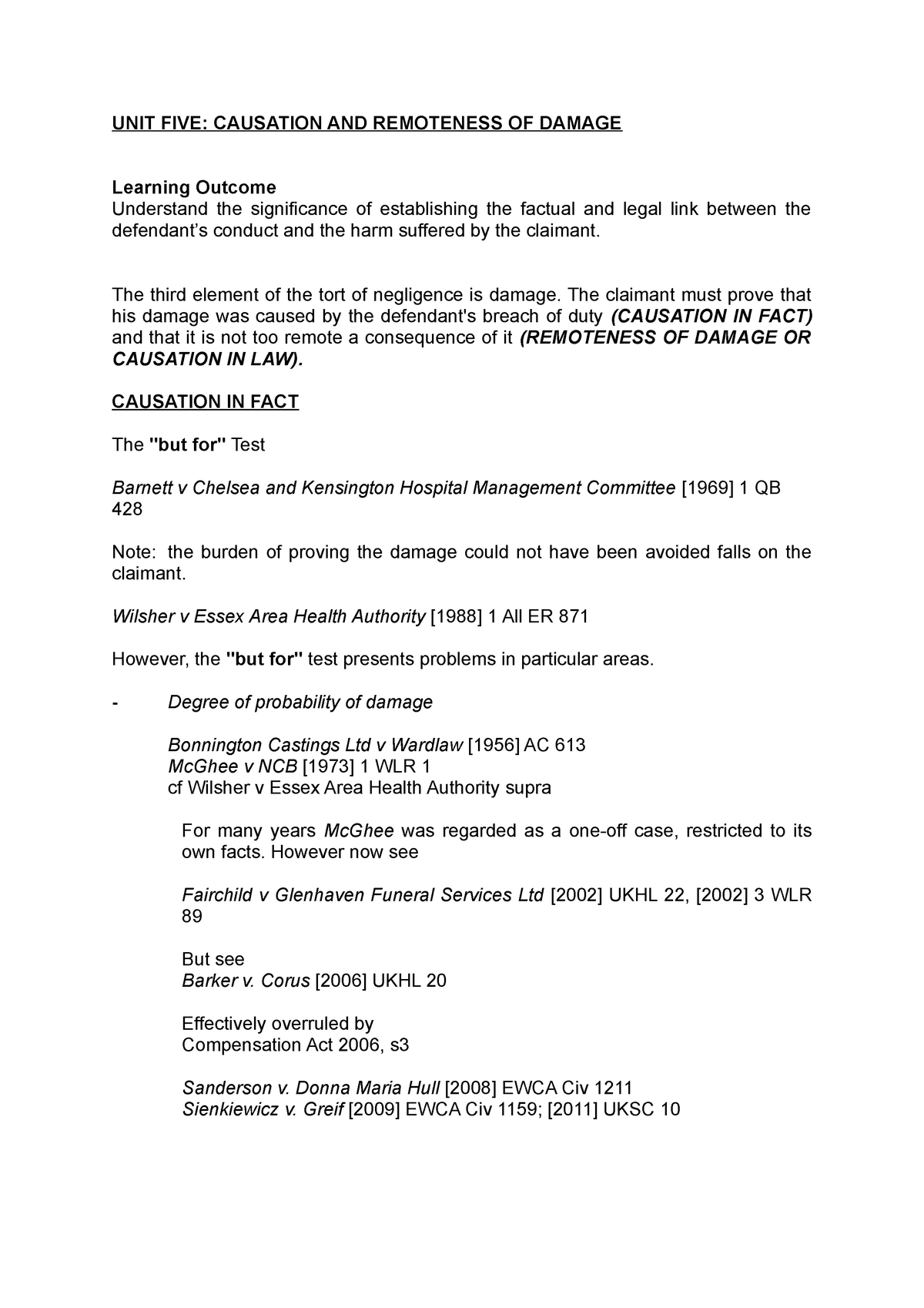 Causation Notes UNIT FIVE CAUSATION AND REMOTENESS OF DAMAGE