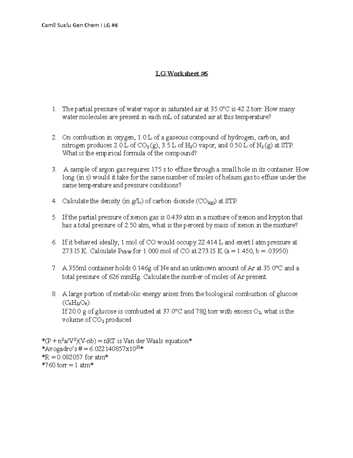 LG Worksheet Week 6 - Practice Work - Camil Suciu Gen Chem I LG # LG ...