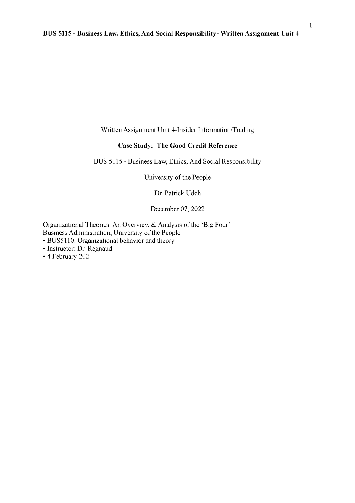 BUS 5115 - Written Assignment Unit 4 - BUS 5115 - Business Law, Ethics ...