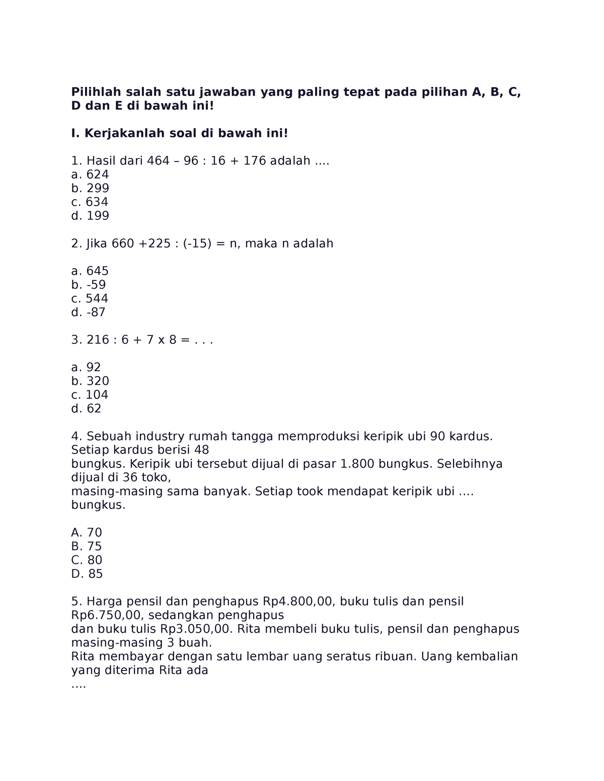 Cth Soal KSE - Contoh Soal Matematika KSE - Pilihlah Salah Satu Jawaban ...