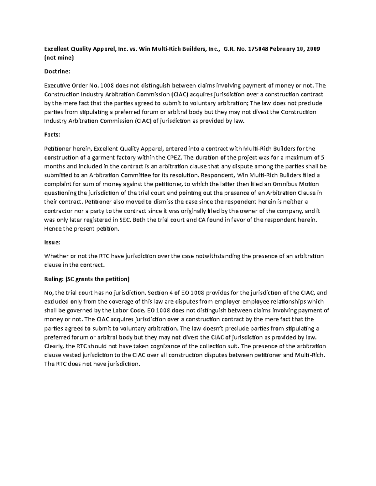 CIAC Excellent Quality Apparel, Inc. vs. Win MultiRich Builders, Inc