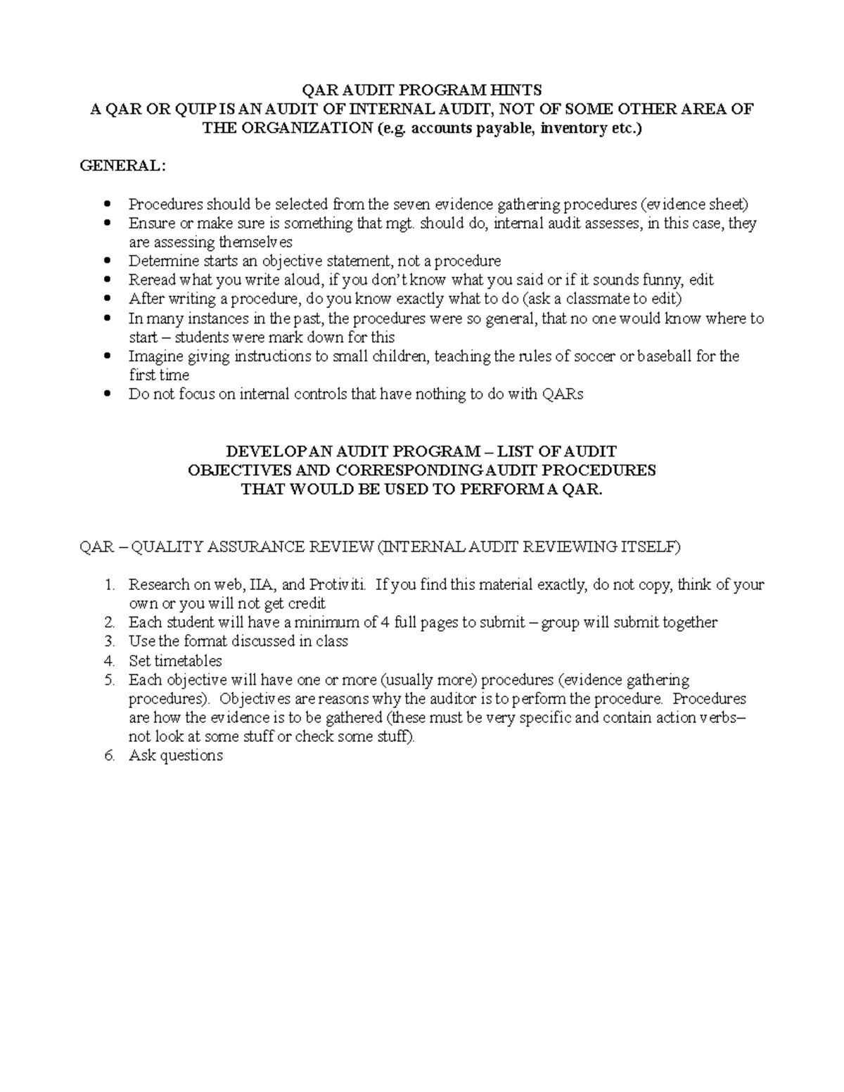 Audit Program Hints QAR Individual QAR AUDIT PROGRAM HINTS A QAR OR