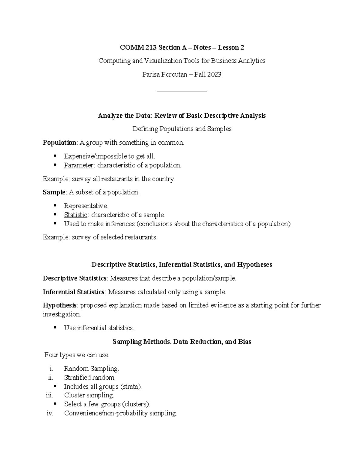 Lesson 2 - Review of Basic Descriptive Analysis - COMM 213 Section A ...