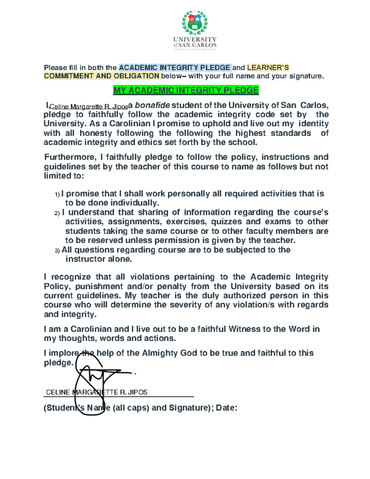 Academic Integrity Pledge and Learner’S Commitment AND Obligation ...