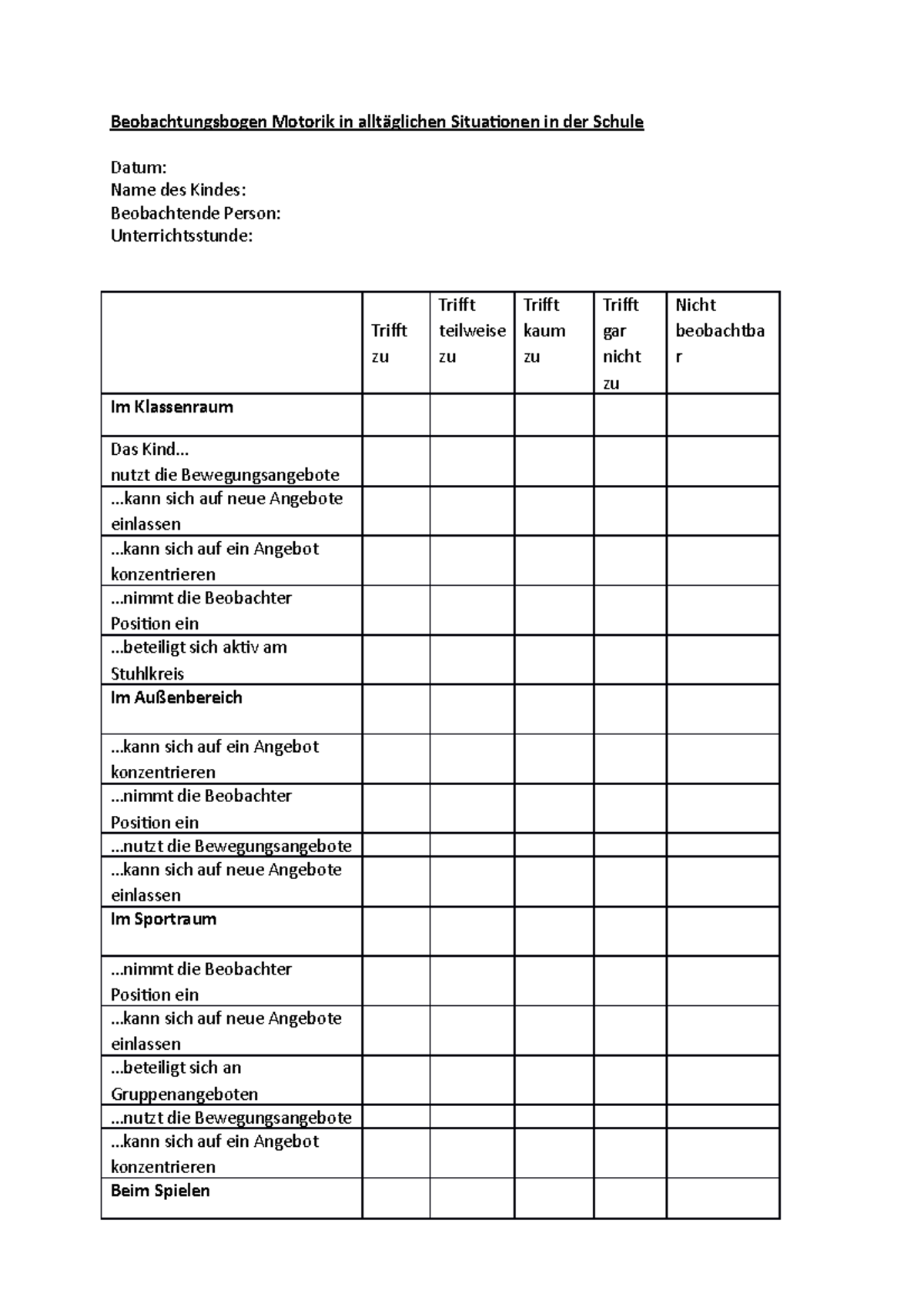 Beobachtungsbogen Motorik in alltäglichen Sitautionen in der Schule