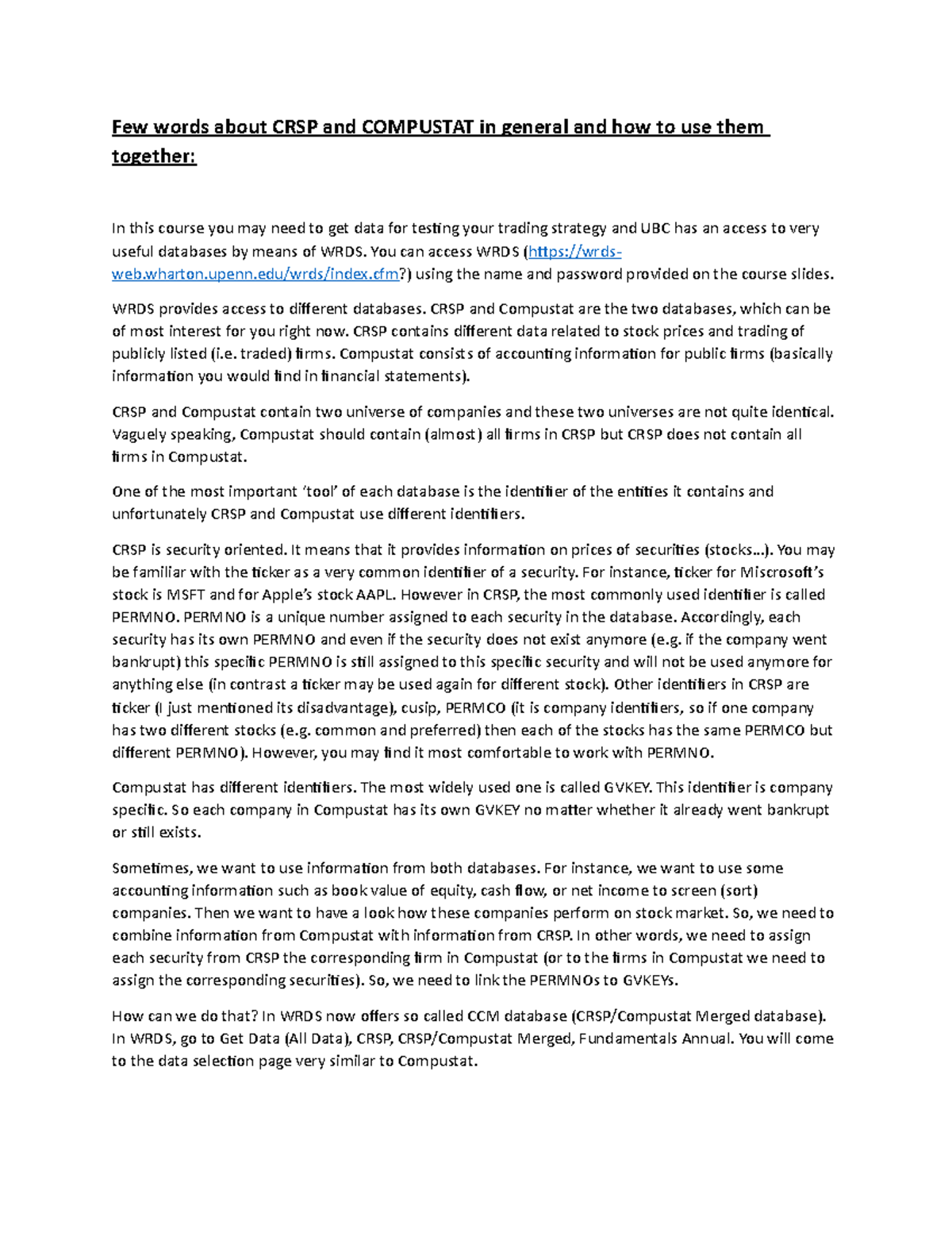 Documentation CRSP Compustat v1 - Few words about CRSP and COMPUSTAT in ...