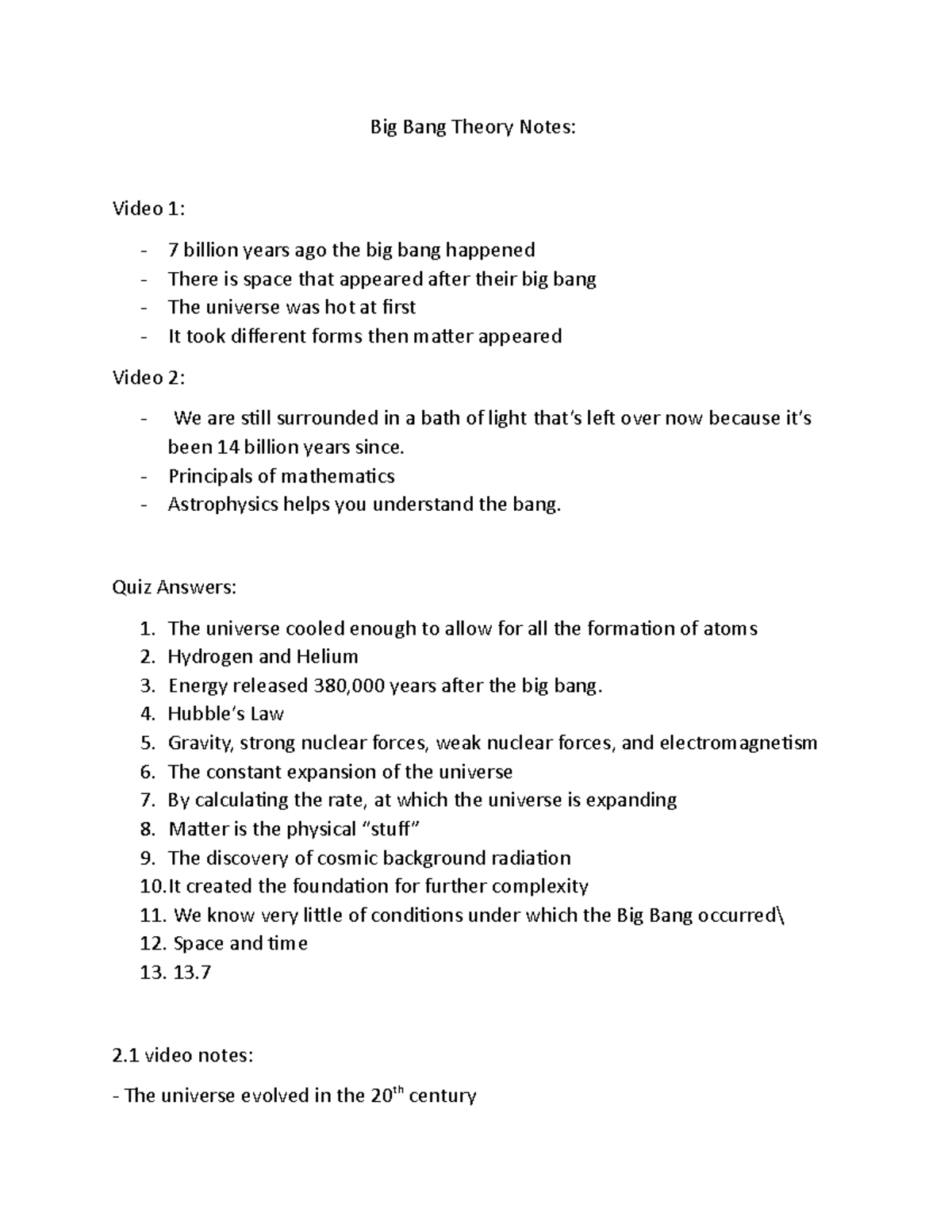 Big Bang Theory Notes earth science Big Bang Theory Notes Video 1 7 billion years ago the