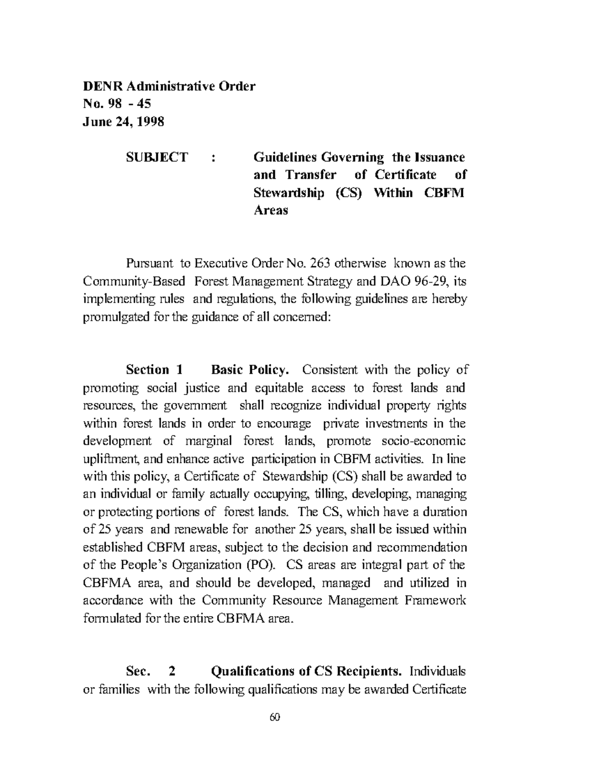 Dao 98-45 - Nobew - Denr Administrative Order No. 98 - 45 June 24, 1998 