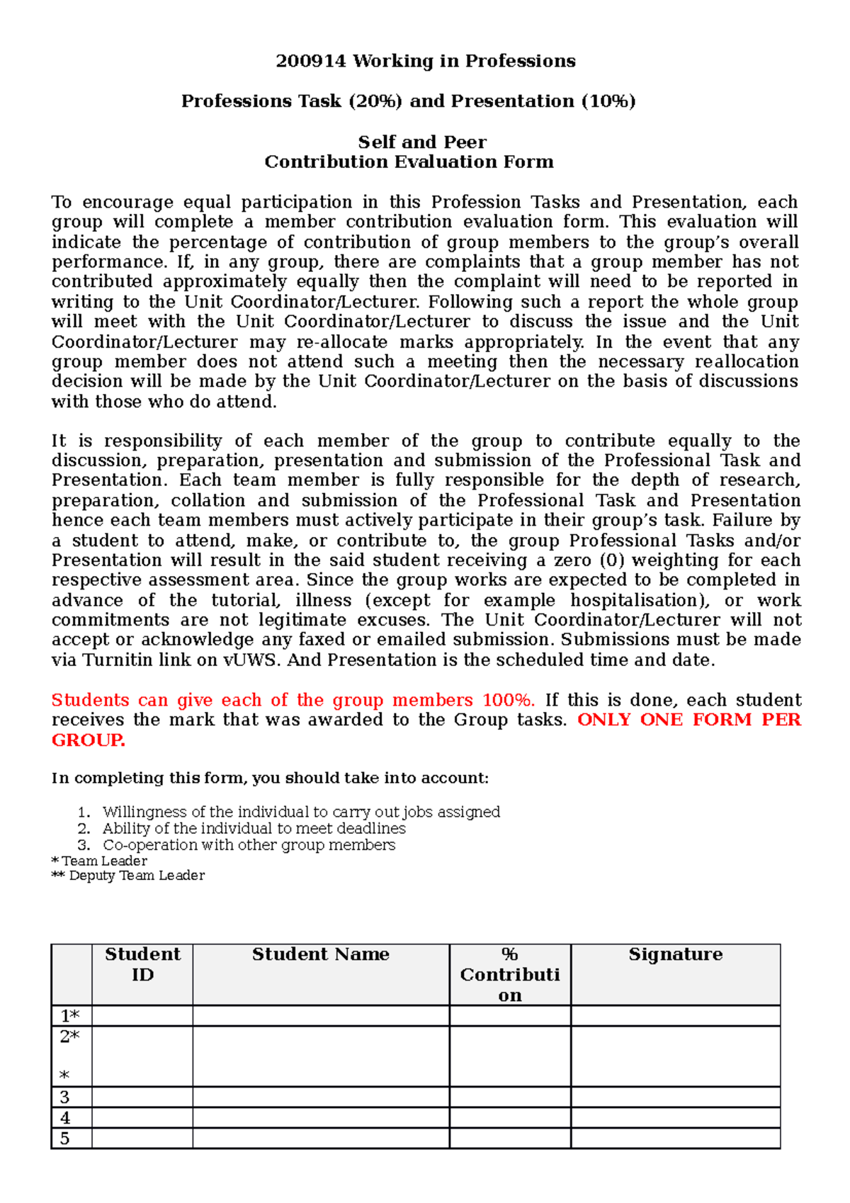 Working in Professions 200914 Assessment 2 Group Work Self and Peer ...