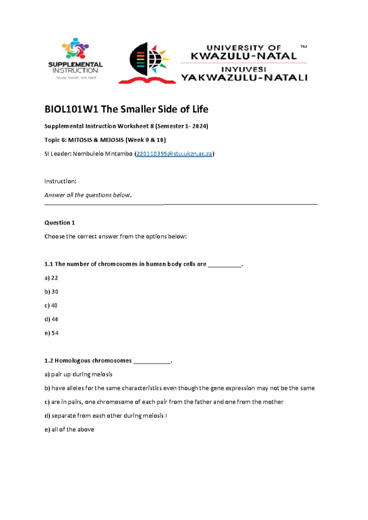 13. BIOL101 W1 SI Worksheet 8 Nombulelo 2024 - BIOL101W1 The Smaller ...