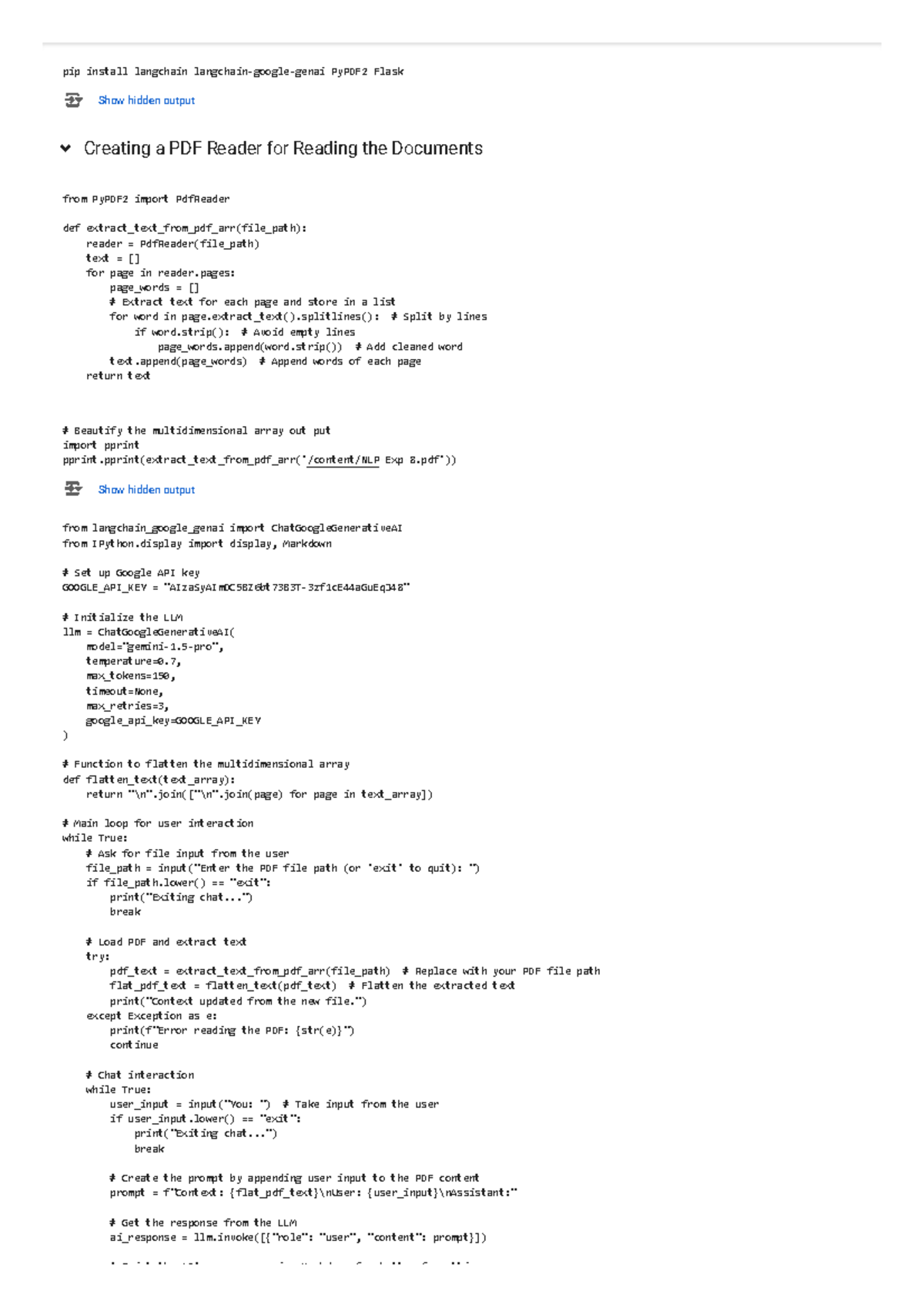 NLP Exp 9 Outputs - pip install langchain langchain-google-genai PyPDF2 ...
