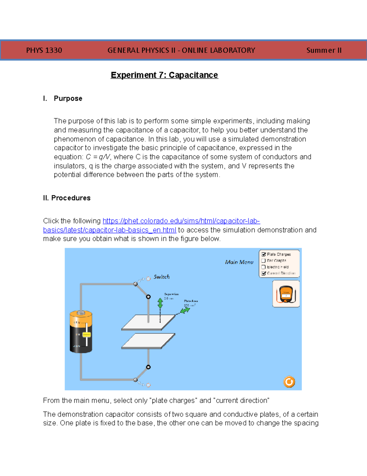 Experiment 7 Capacitors PHYS 1330 Experiment 7 Capacitance I