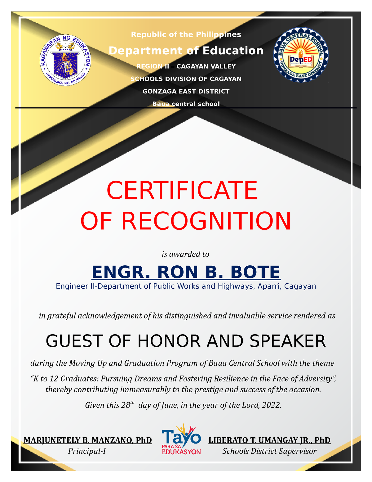 Certificate of Recognition for Guest of Honor and Speaker ron bote ...