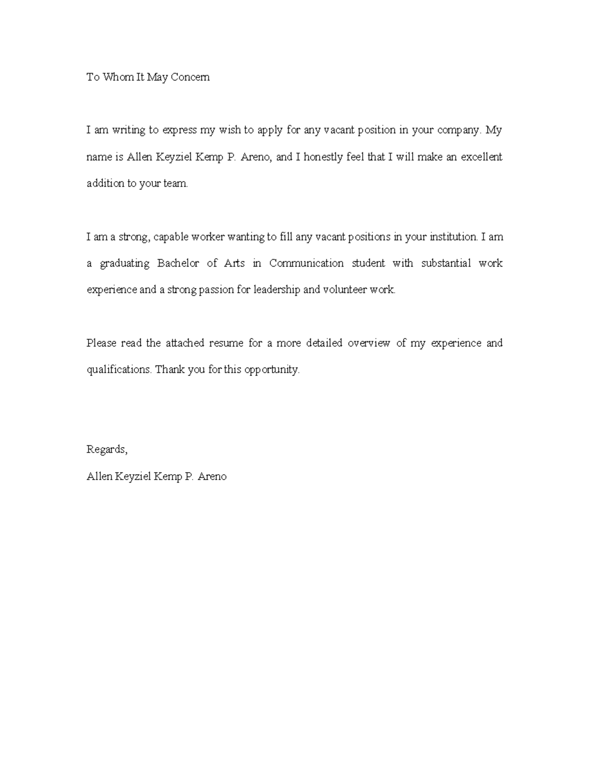 Areno Cover letter - To Whom It May Concern I am writing to express my ...