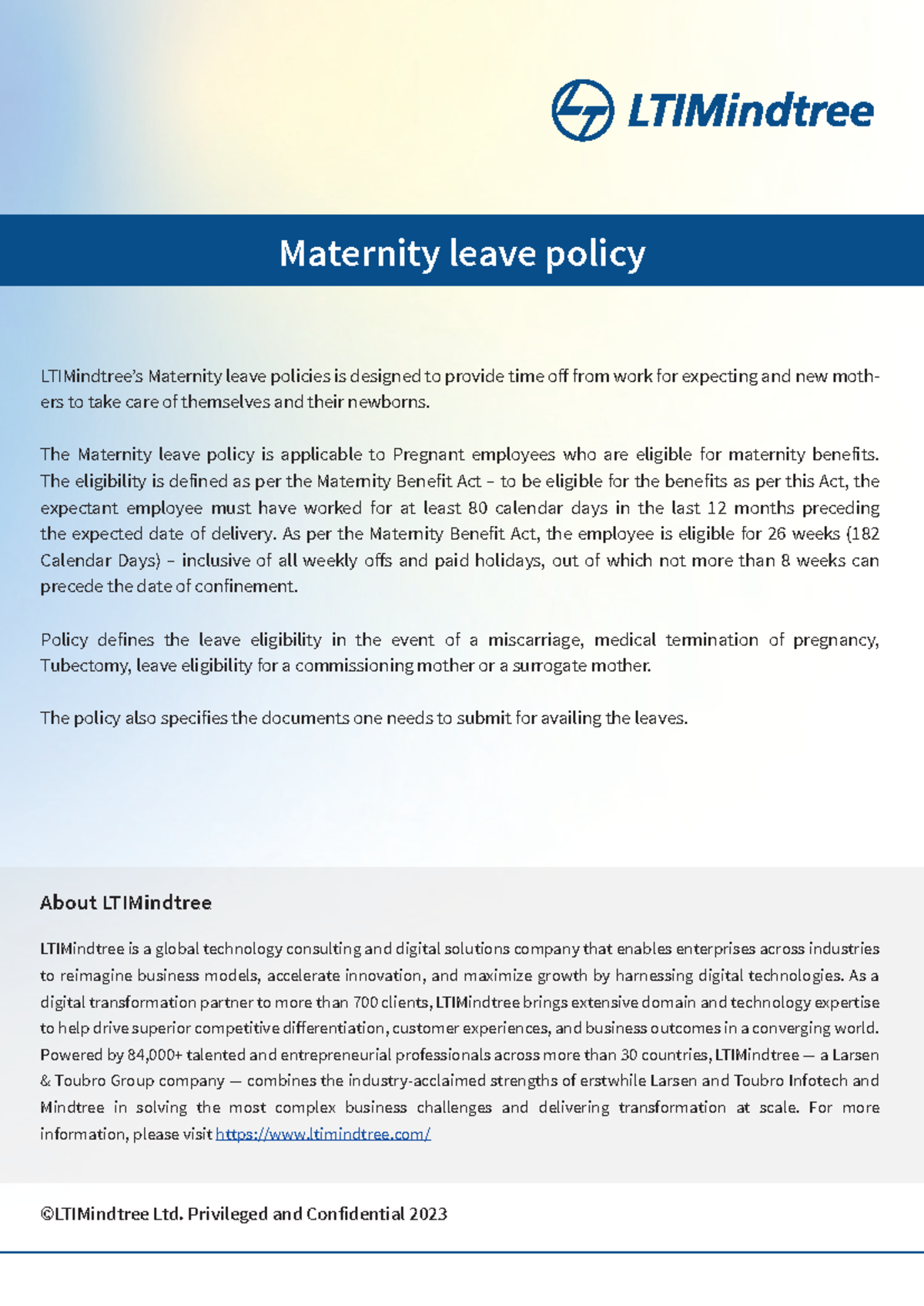 LTIMindtree Maternity Leave Policy - Maternity leave policy LTIMindtree ...