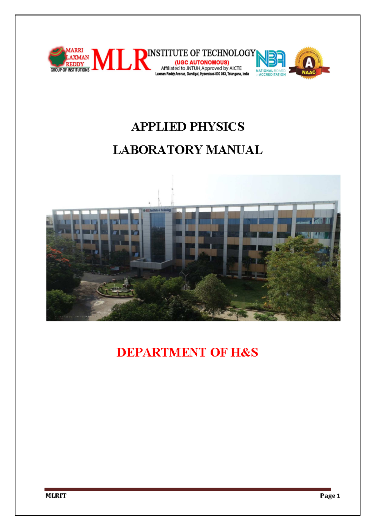 Applied physics lab manual - APPLIED PHYSICS LABORATORY MANUAL ...