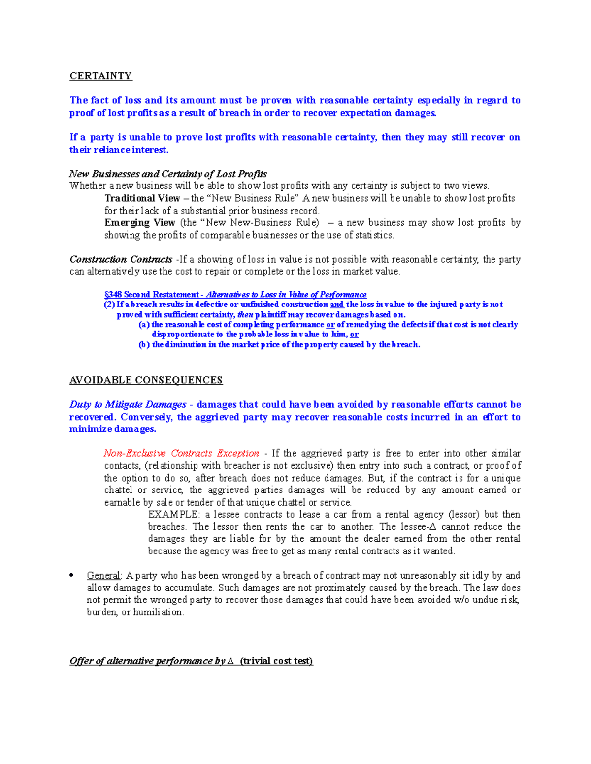 Contracts Law Outline - 3 - CERTAINTY The fact of loss and its amount ...