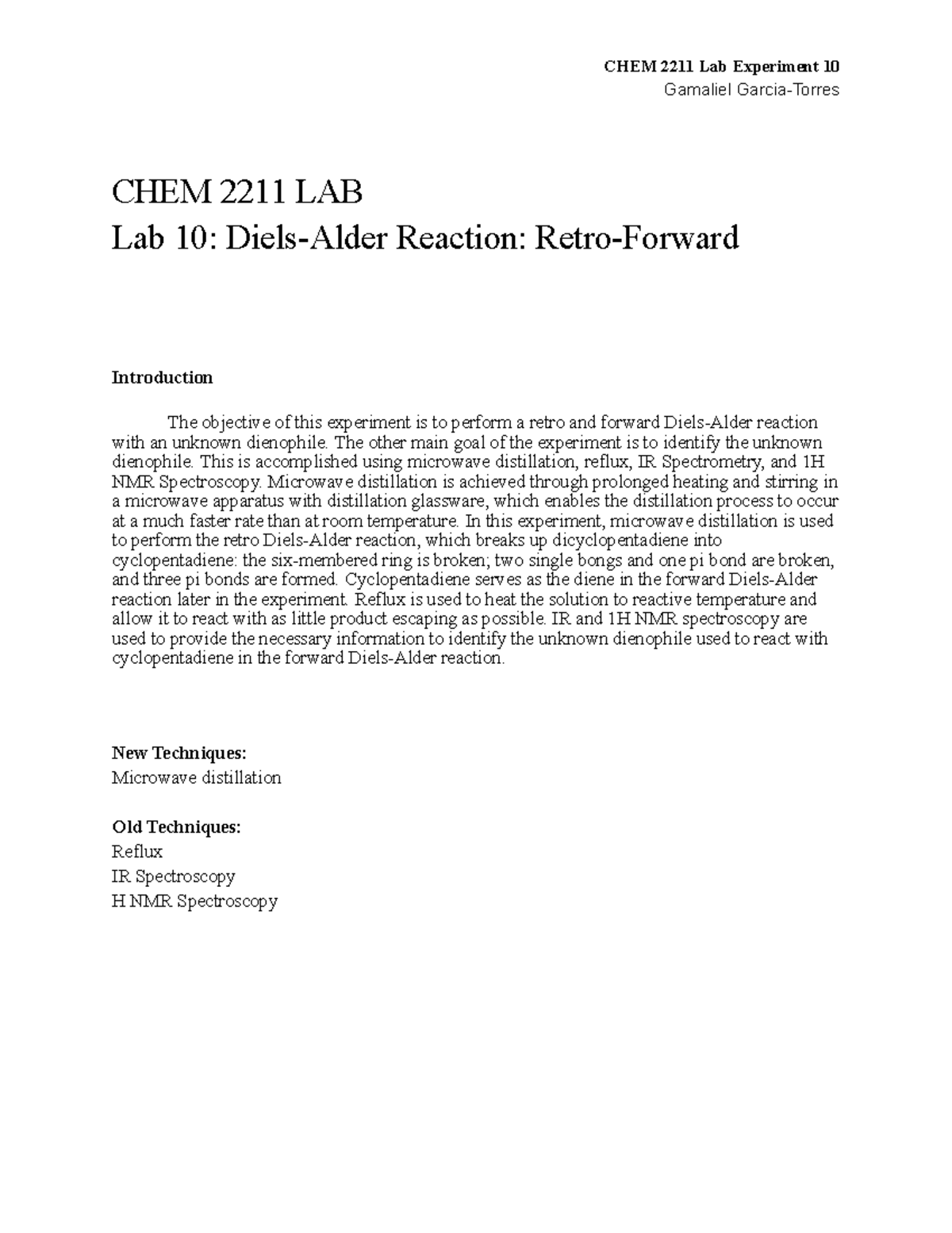 Experiment 10 Retro and Forward DielsAlder Reaction Gamaliel Garcia