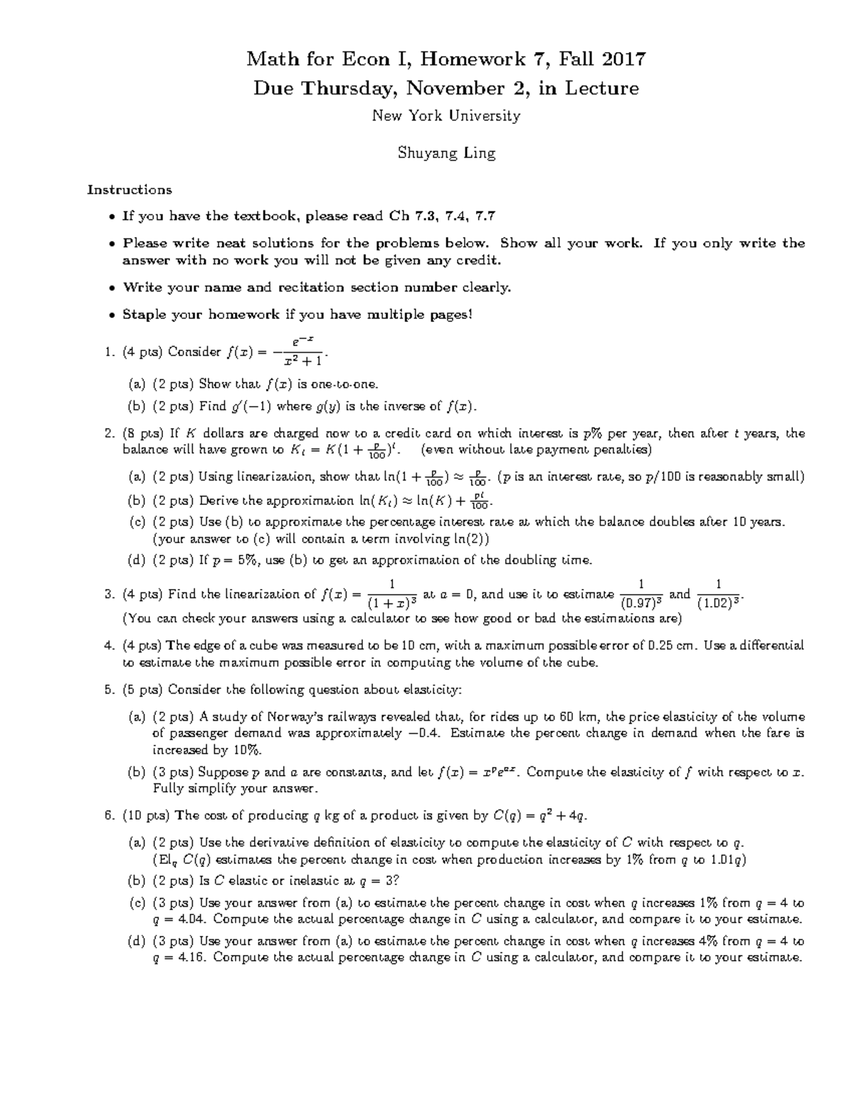 MFE HW7 UA 0211 17 FALL17 - Math for Econ I, Homework 7, Fall 2017 Due ...